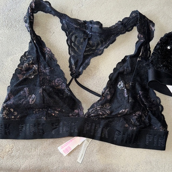 PINK Victoria's Secret Other - PINK Victoria's Secret Black Lace Bralette with Shimmer Rose Foil Accents